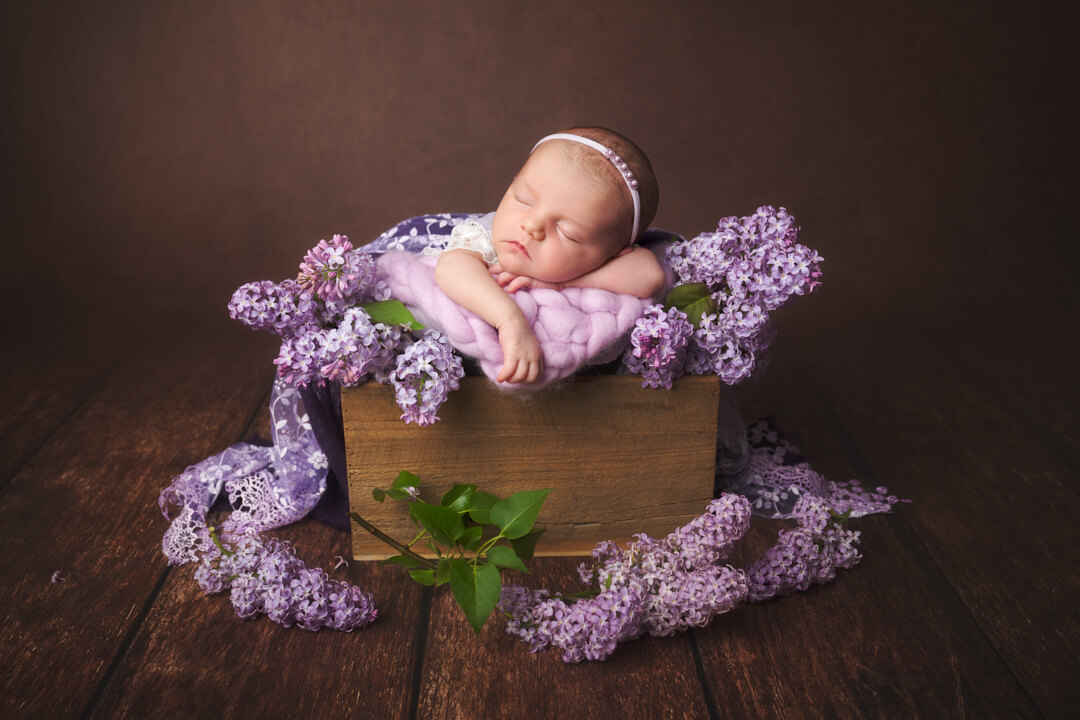 Neugeborenen Fotoshooting, Baby in Holzkiste, Kopf auf Hand gestützt, in Kulisse fliederfarben, Babyfotografie Ingolstadt Mandy Limbach
