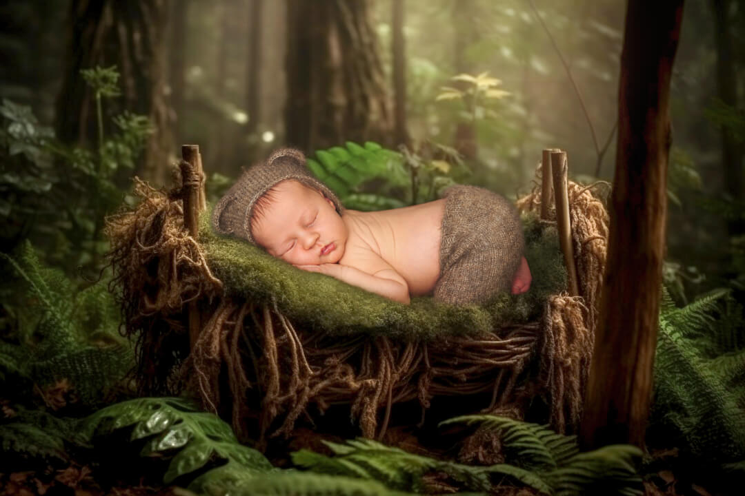 Neugeborenen Fotoshooting, Newborn Fotoshootings, Baby auf Holzliege in Waldhintergrund, Babyfotografie Ingolstadt Mandy Limbach